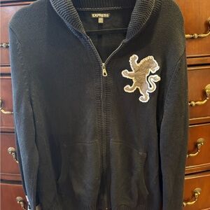 Express Men's Black Zip-Up Sweater with Lion Patch